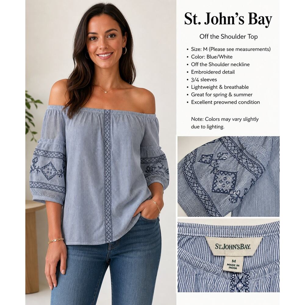 St. John’s Bay Blue White Striped Top sz Medium Off Shoulder Flare Sleeve Blouse